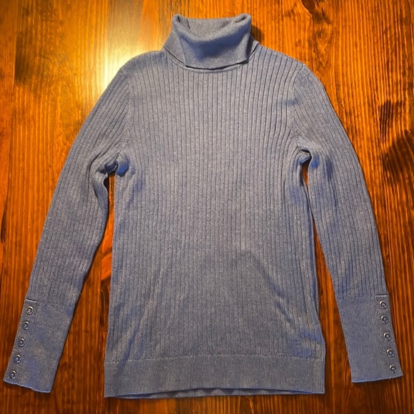 Talbots Sweater Small Petite Turtleneck Ribbed Knit Cotton Light Blue Pullover - Picture 1 of 3